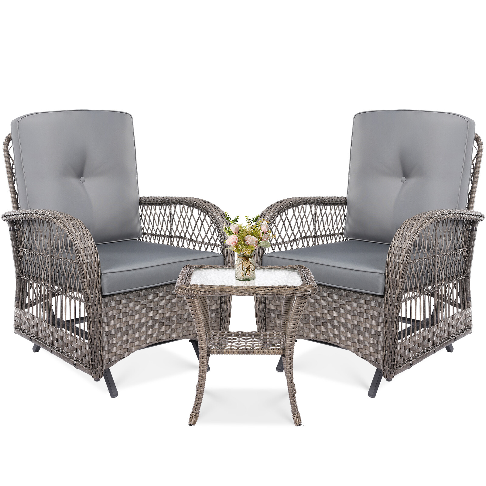 3-Piece Outdoor Conversation Bistro Set, Patio Glider Rocking Chairs Rattan Sets