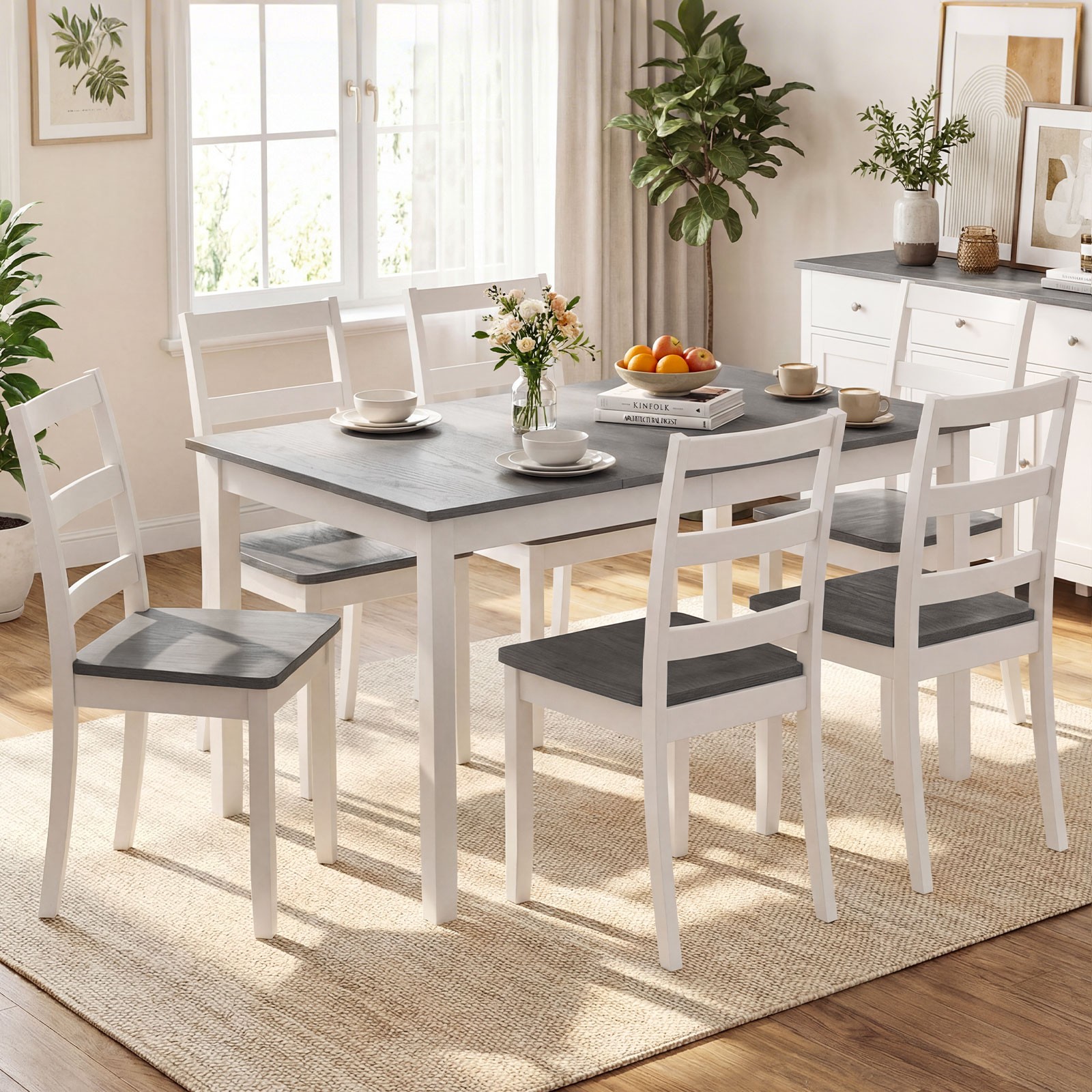 7-Piece Dining Set Solid Wood Kitchen Furniture with 6 Chairs&Rectangular Table