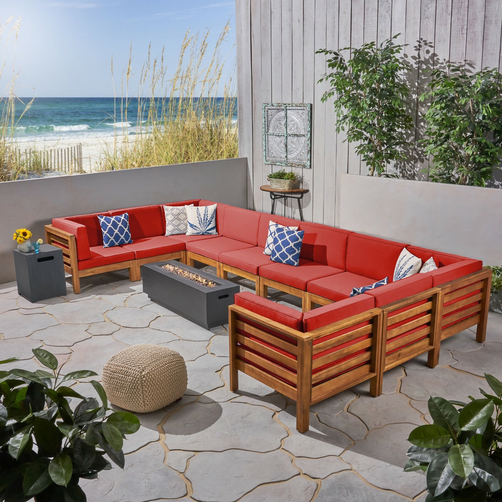 Krystin Outdoor 12 Piece U-Shaped Sectional Sofa Set with Fire Pit