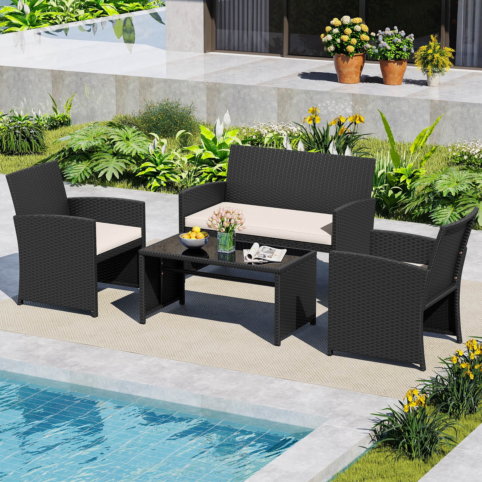 4 PCS Patio Conversation Set w/Seat Cushions & Tempered Glass Tabletop, Porch