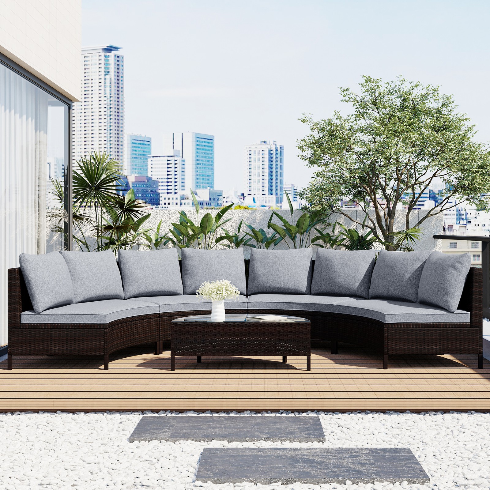 5-Piece All-Weather Brown PE Rattan Patio Sofa Set with Table, Grey
