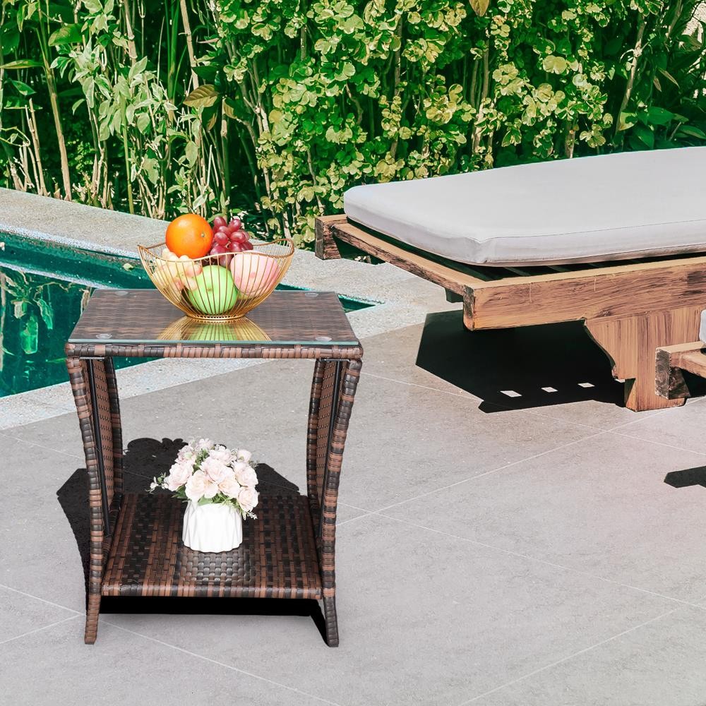 Square Rattan Wicker Glass Top Side Tea Table Patio Furniture Outdoor Storage