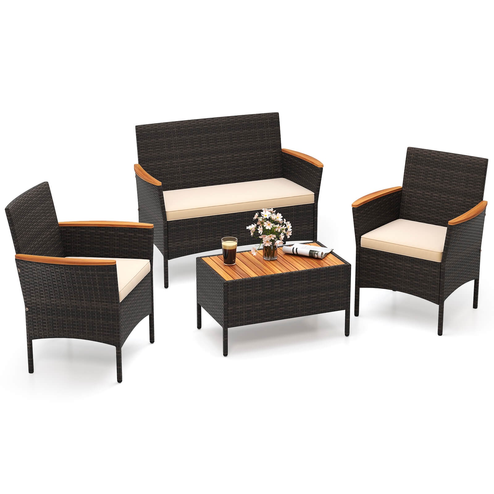 4 PCS Patio Wicker Sofa Set w/ Coffee Table Acacia Wood Armrests & Tabletop