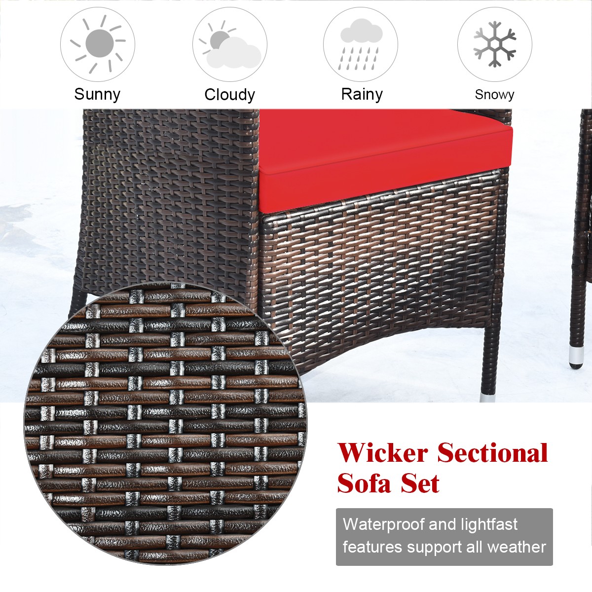 4PCS Rattan Patio Furniture Set Cushioned Sofa Chair Coffee Table Red