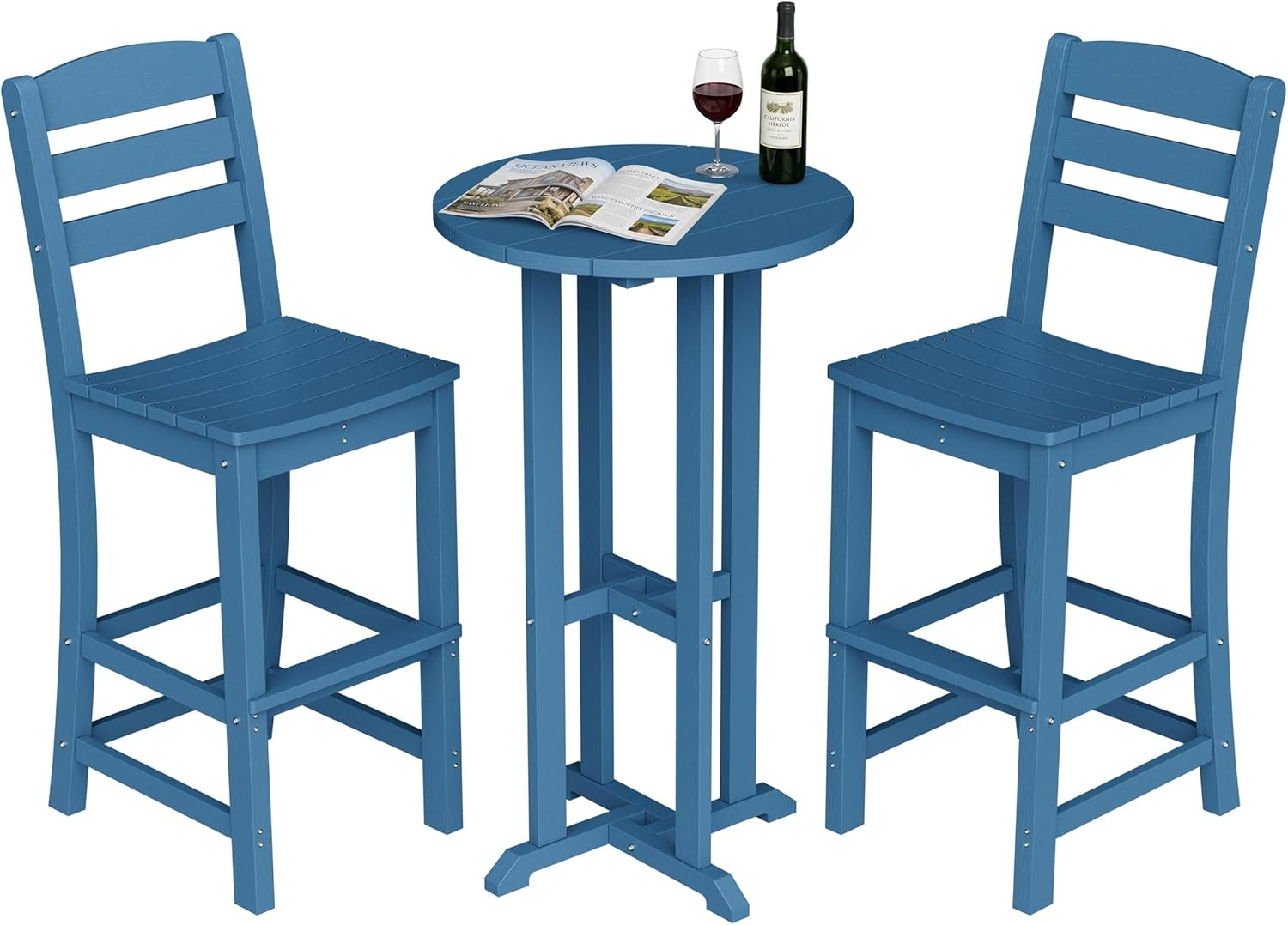JY QAQA 3-Piece Blue Adirondack Bar Set for Patio, Balcony, or Poolside