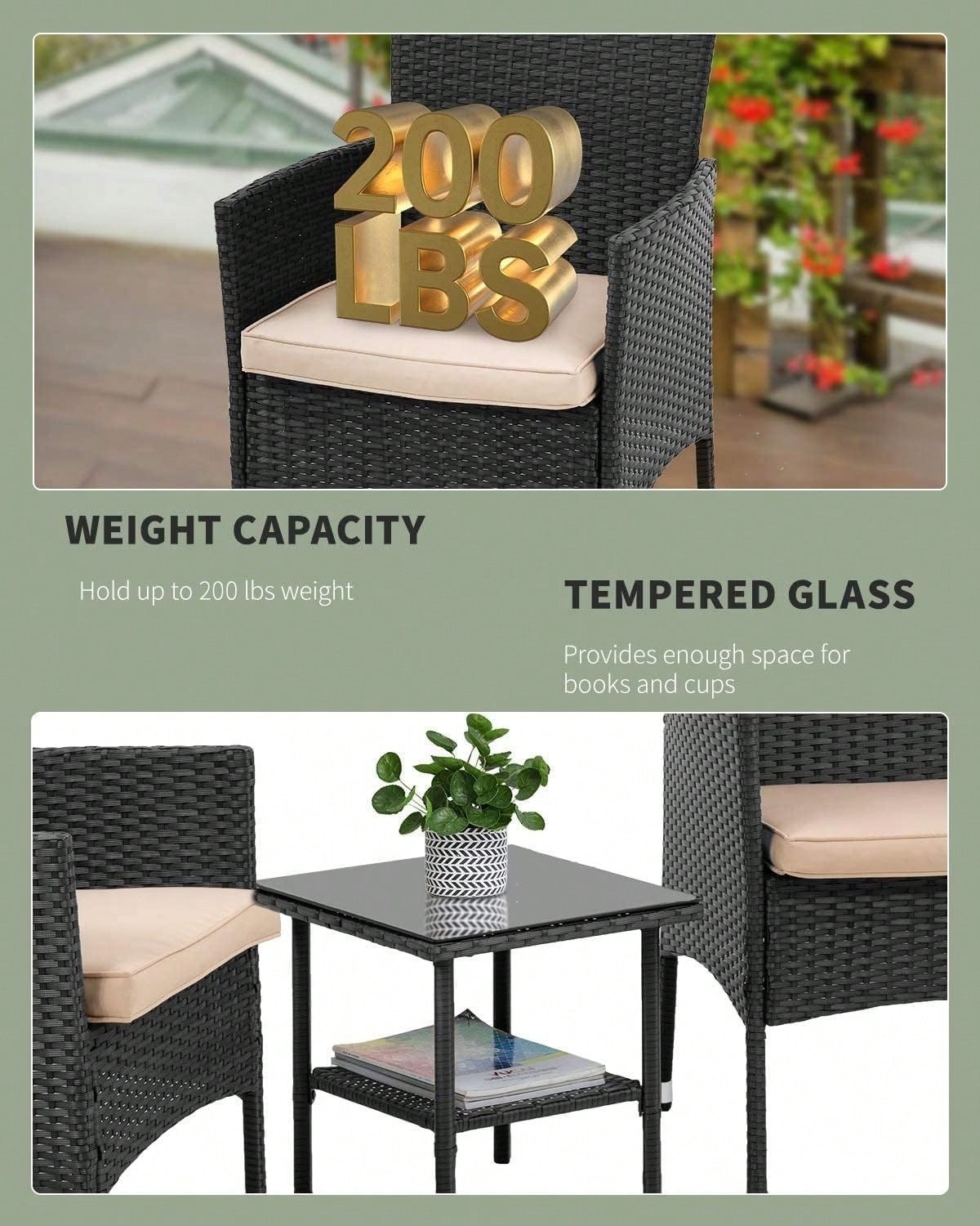 3 Piece Patio Bistro Set Wicker Rattan Outdoor Furniture Black For Backyard