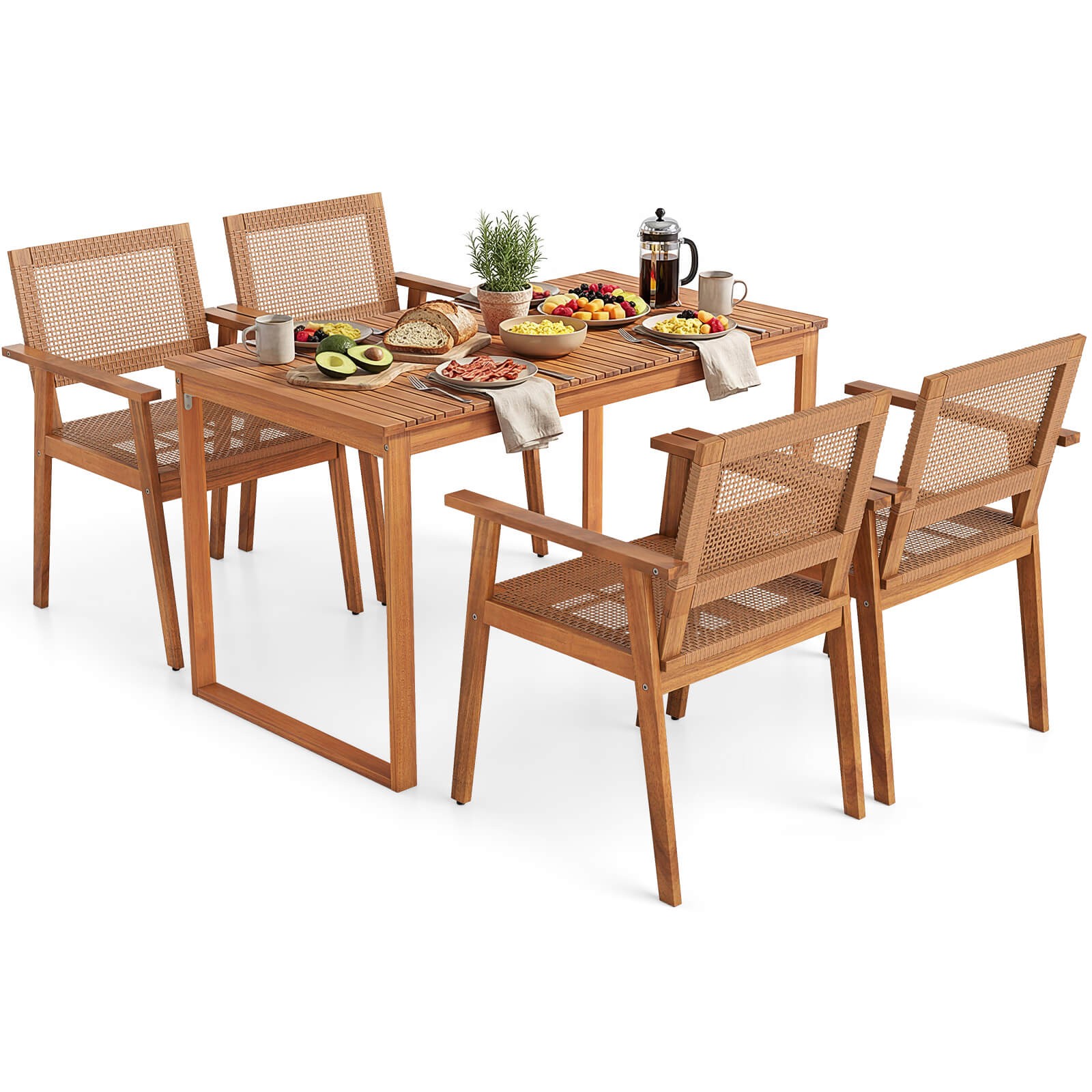 5PCS Acacia Wood Dining Set, Outdoor Table & Rattan Chairs for Balcony, Poolside
