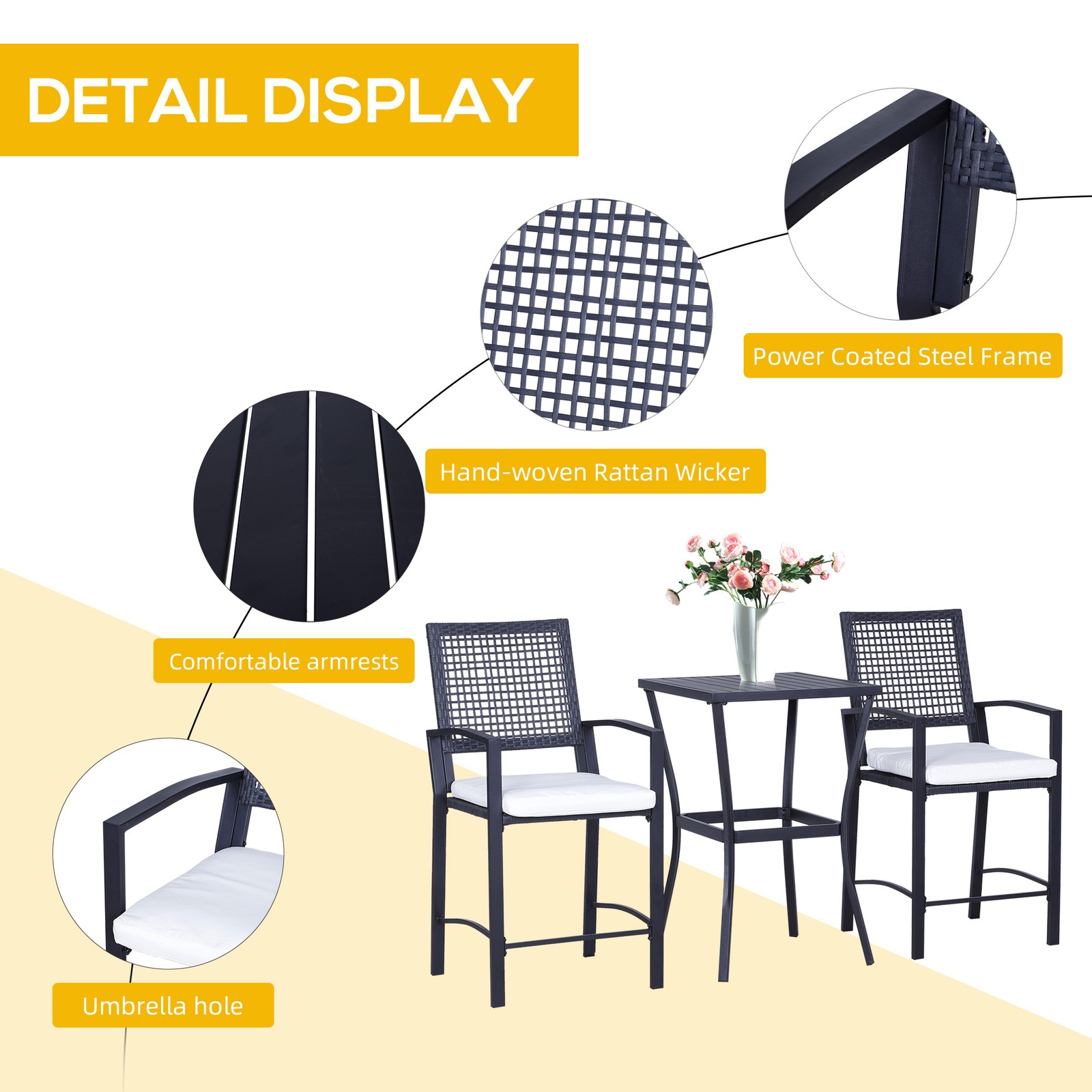 3 Piece PE Wicker Outdoor Bar Table Set with 2 Cushioned Stools Patio Black