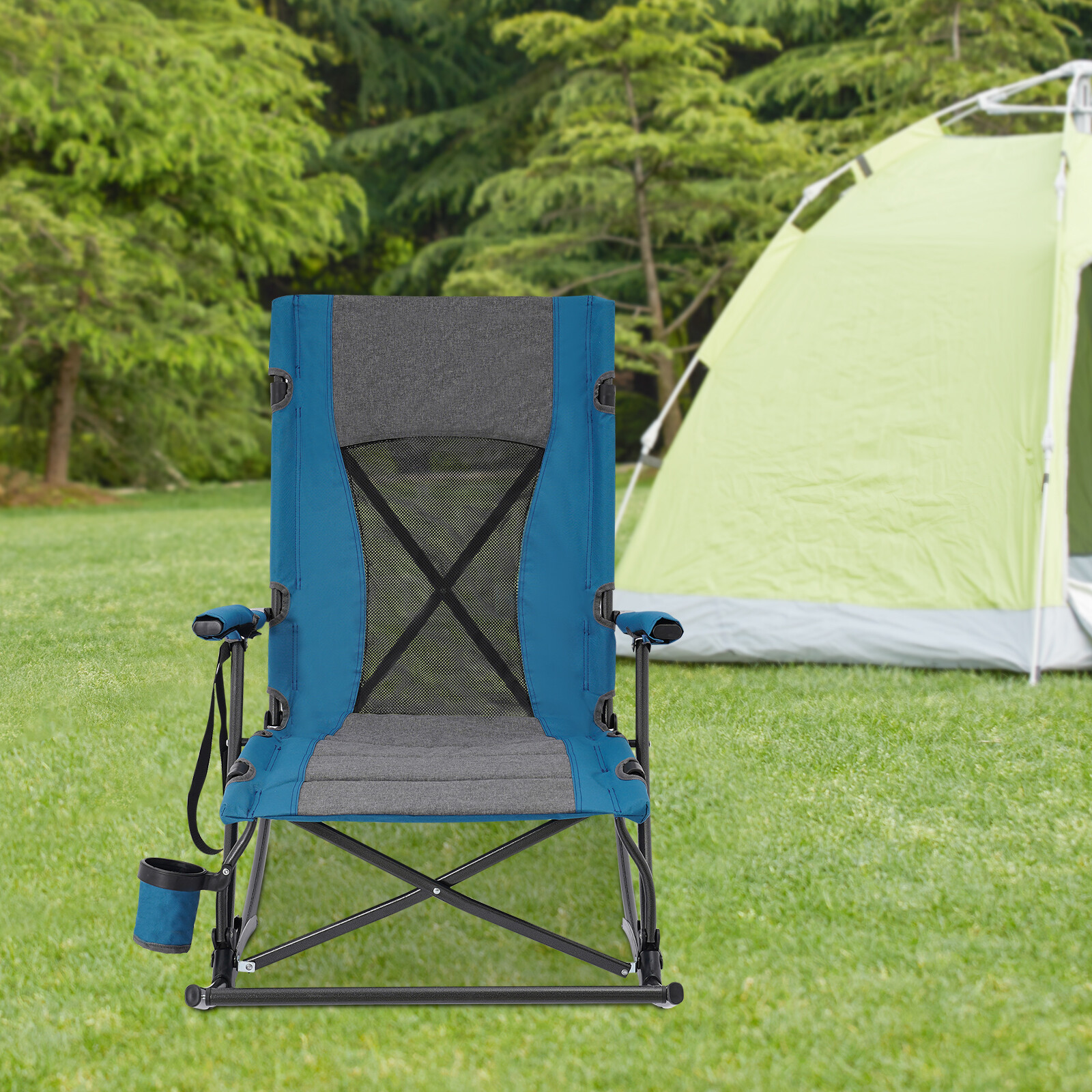 Oversized Folding Rocking Camping Chair Outdoor, Portable Chair with Cup Holder