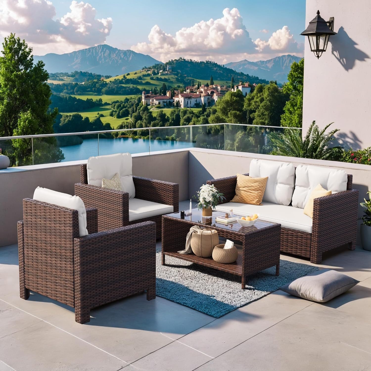 Homall 4 Pieces Patio Furniture Sets Rattan Chair Wicker Conversation Sofa Set,