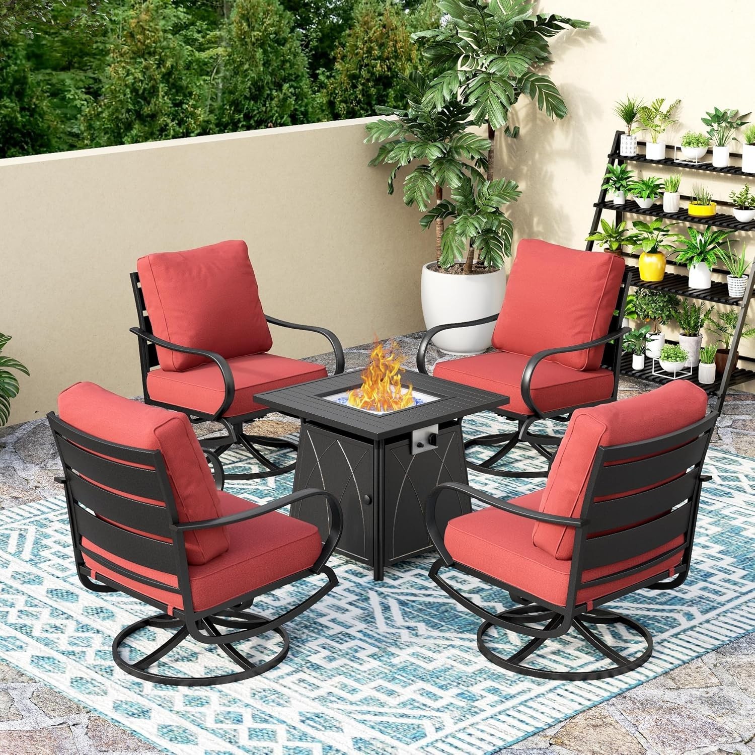 5 Pcs Patio Furniture Set Garden Lawn Outdoor Set with Gas Fire Pit Table Heater