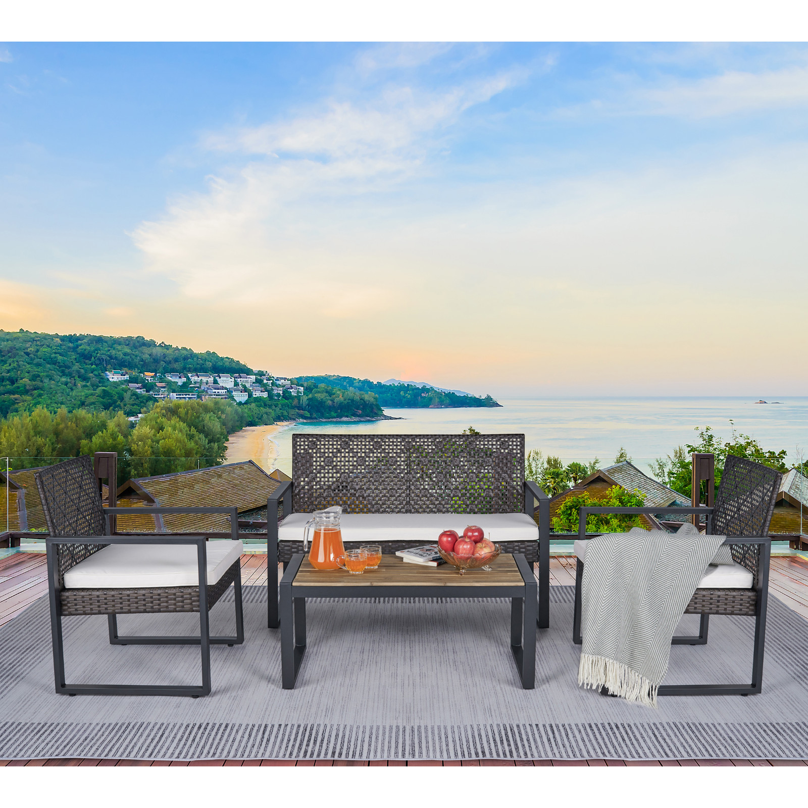 4-Piece Patio Furniture Set Acacia Wood Rattan Brown Beige Outdoor Sofa Set