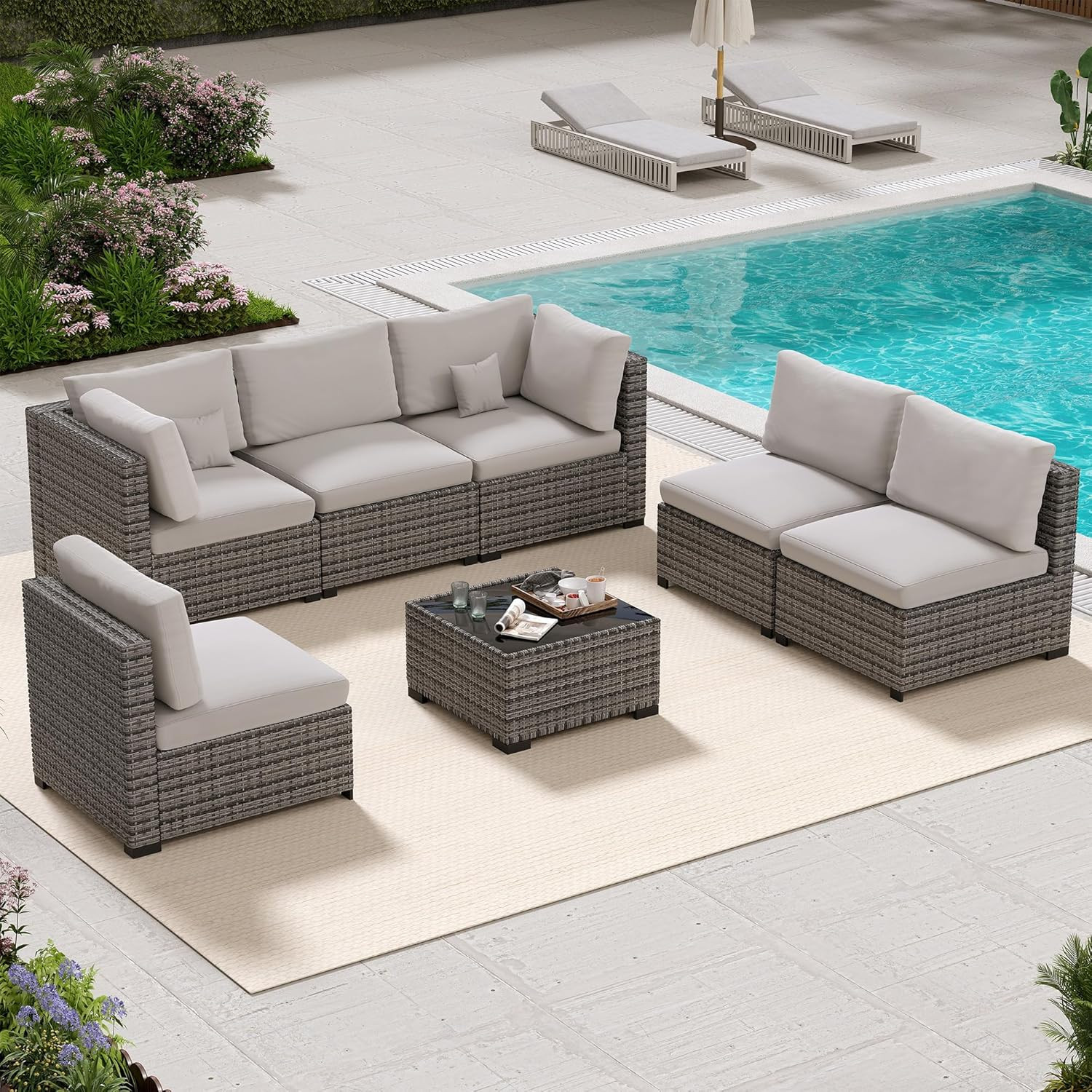 7 Piece Patio Outdoor Furniture Set, Outdoor Sectional, All-Weather Hand-Woven W
