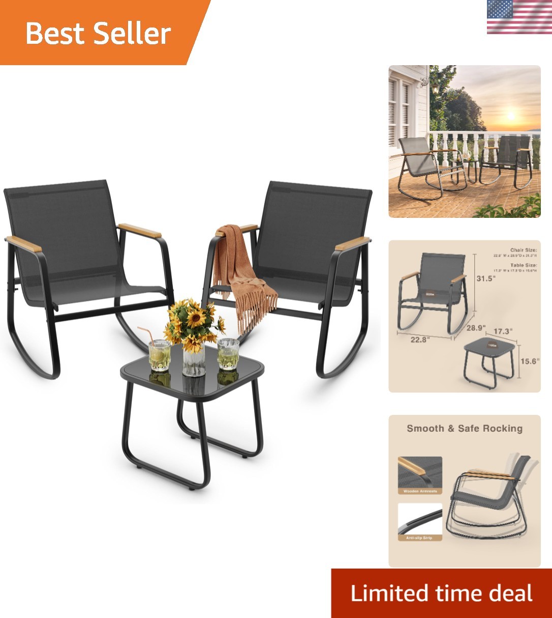3 Pieces Patio Furniture Set Textilene Fabric Outdoor Patio Rocking Bistro Se…