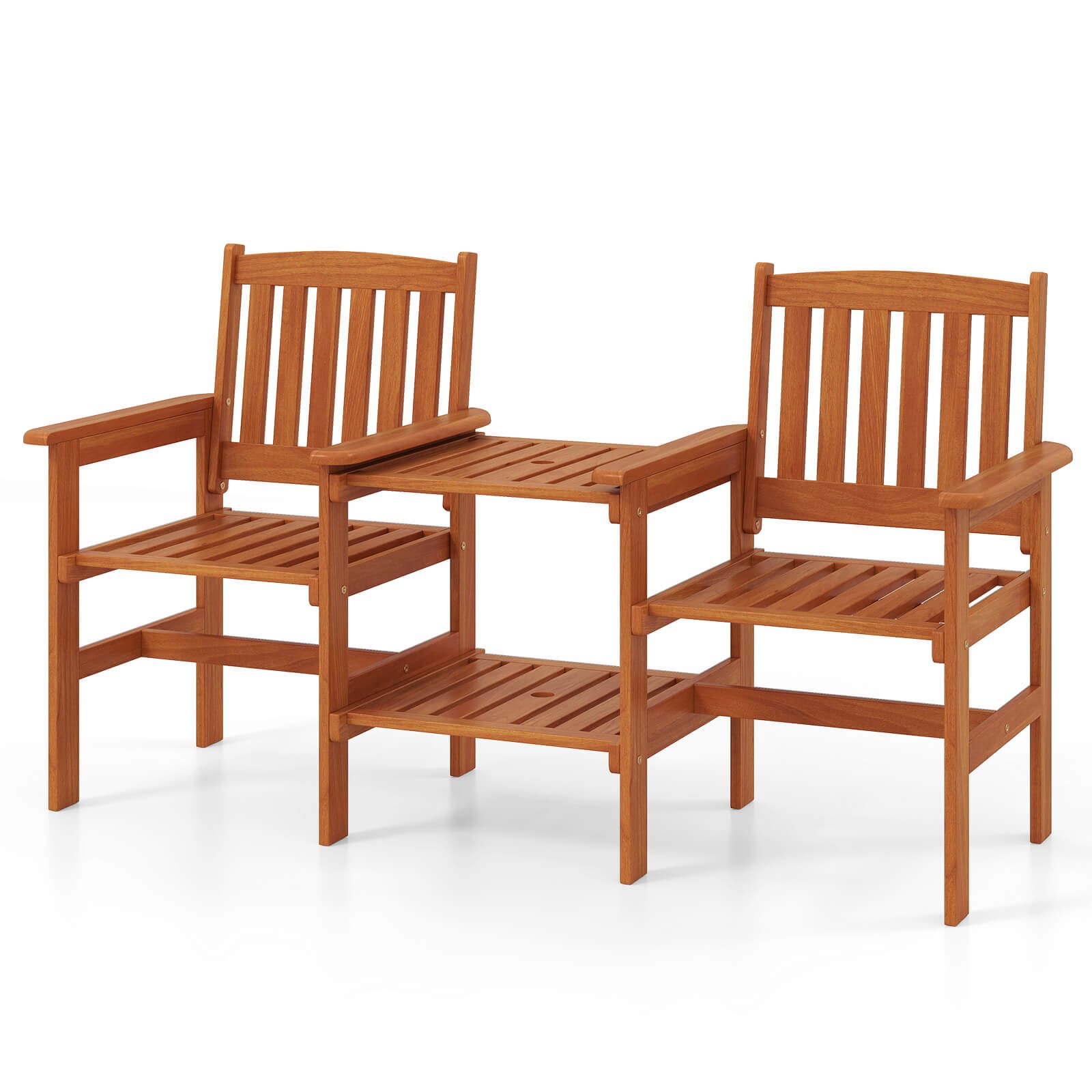 Outdoor Wood Bench Loveseat with Built-in Table 1.57″ Umbrella Hole for Porch