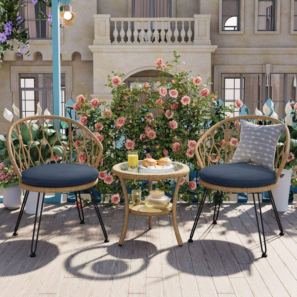 3-Piece Natural Plastic Outdoor Bistro Set Patio Conversation Set with 2 Single