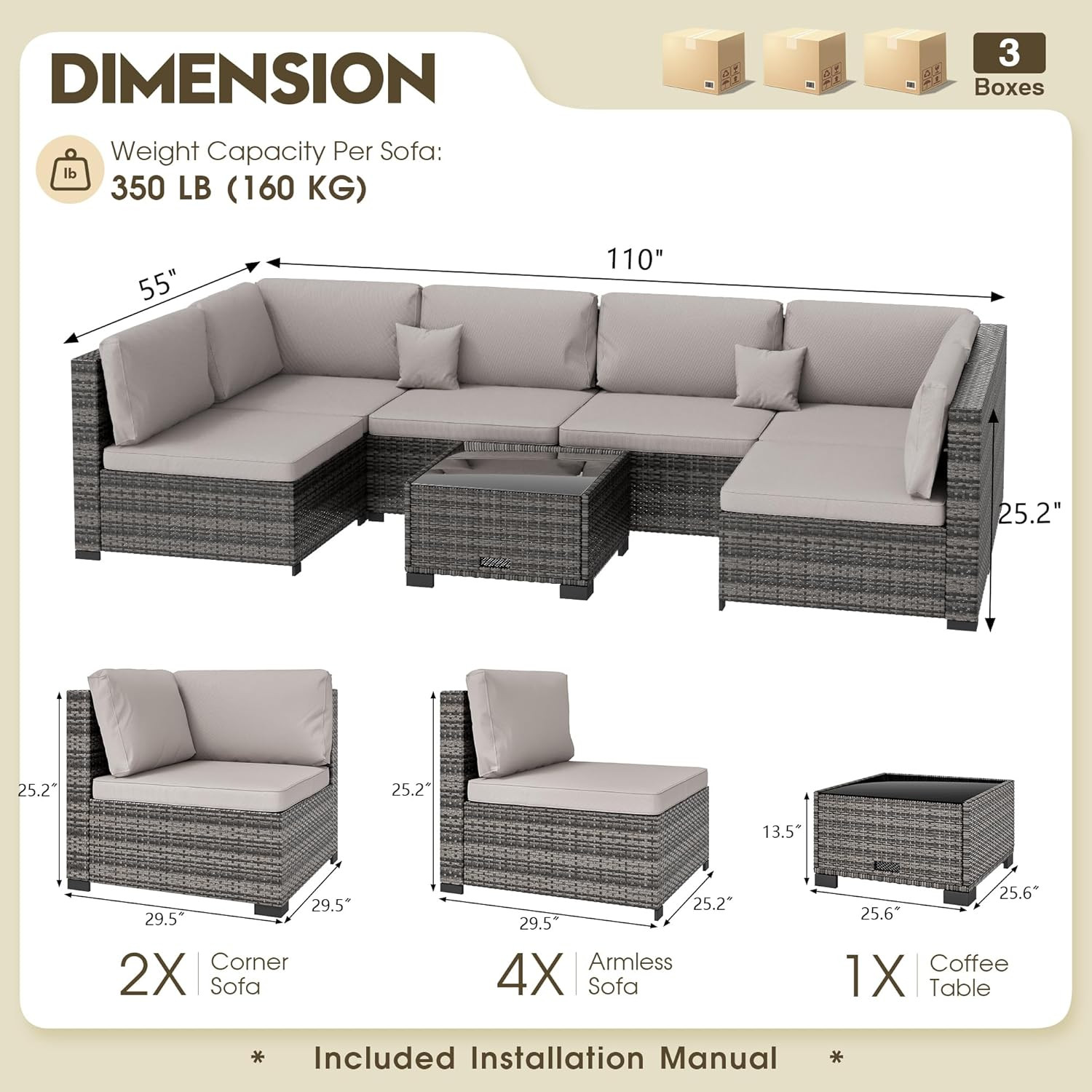 7 Piece Patio Outdoor Furniture Set, Outdoor Sectional, All-Weather Hand-Woven W
