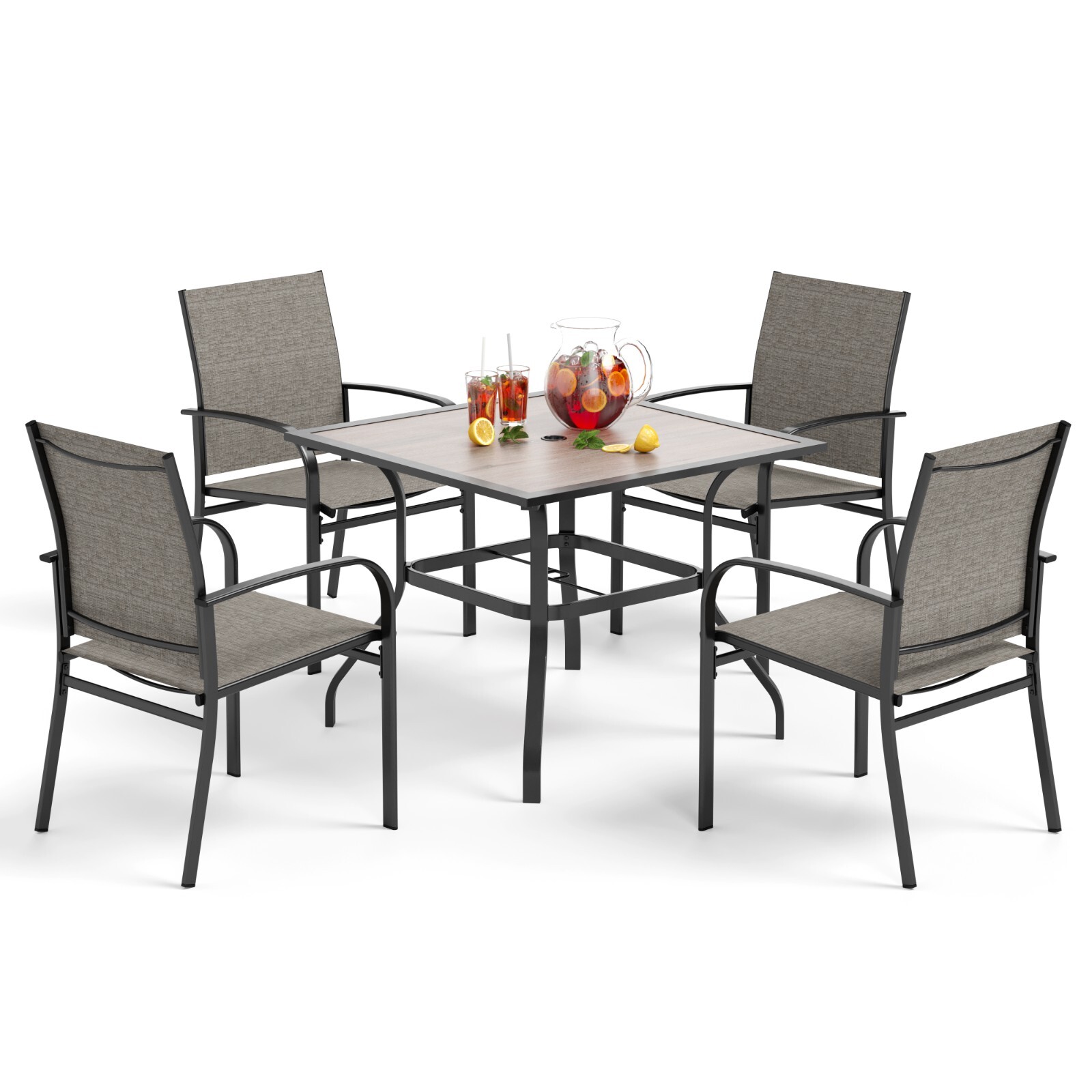5 Piece Outdoor Patio Dining Set 37″ Square Table with Umbrella Hole 4 Chairs