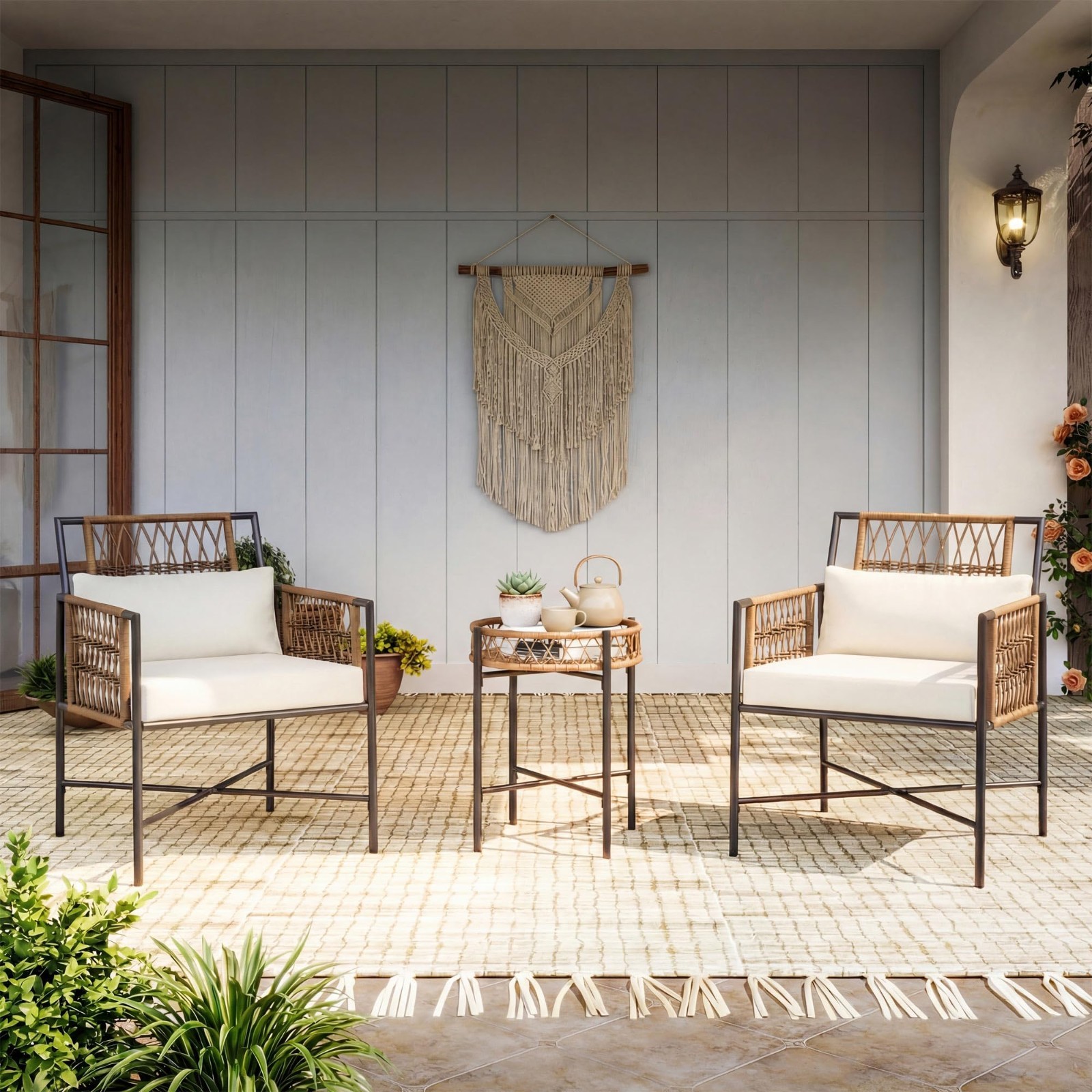 3Piece Rattan Bistro Set, Chairs & Round Table, Steel Frame for Balcony Backyard