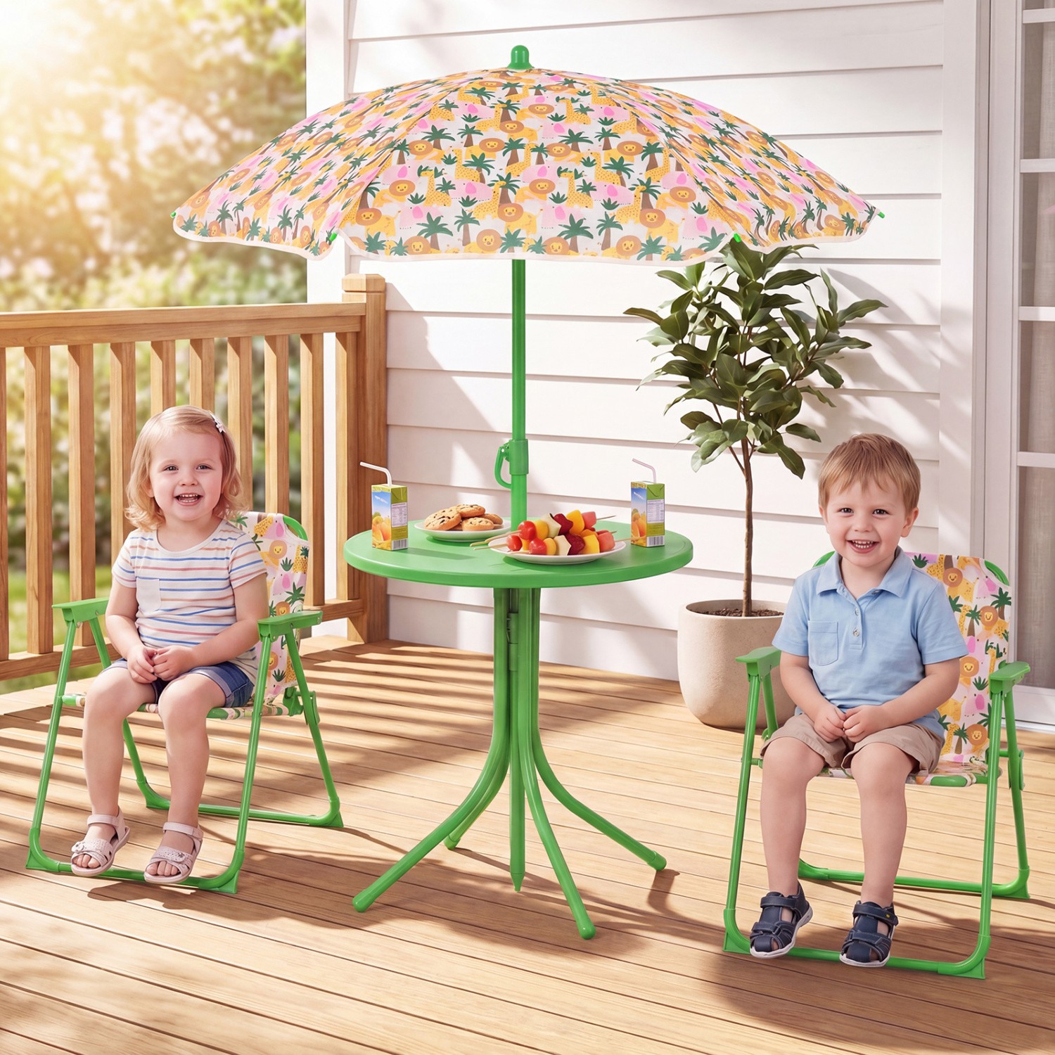 Kids Outdoor Table Chair Set 2 Folding Chairs Adjust Umbrella Beige