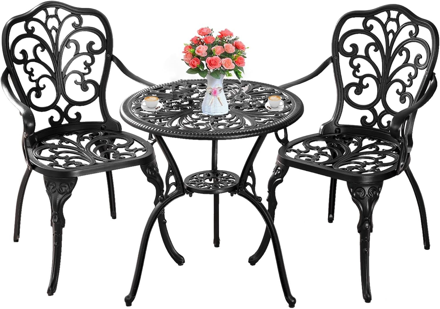 Cast Aluminum 3-Piece Bistro Set with Umbrella Hole – Butterfly Black