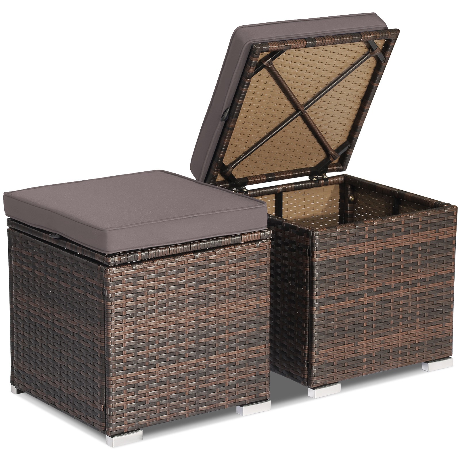 2PCS Patio Rattan Ottomans Seat Side Table Storage Box Footstool W/Cushions Grey