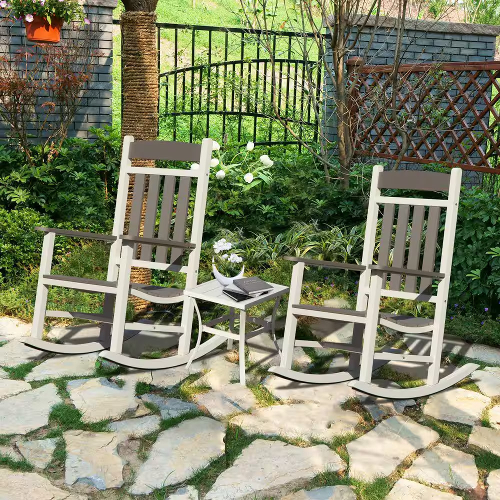 3 Pieces Plastic Outdoor Rocking Chairs Set, Oversized Rockers for Adults, Porch