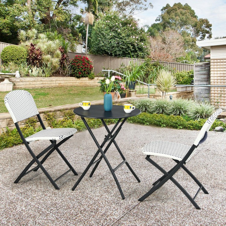 PE Rattan Bistro Set: 3-Pc, 23.5″ Round Table, 2x330lb Chairs, Steel Frame