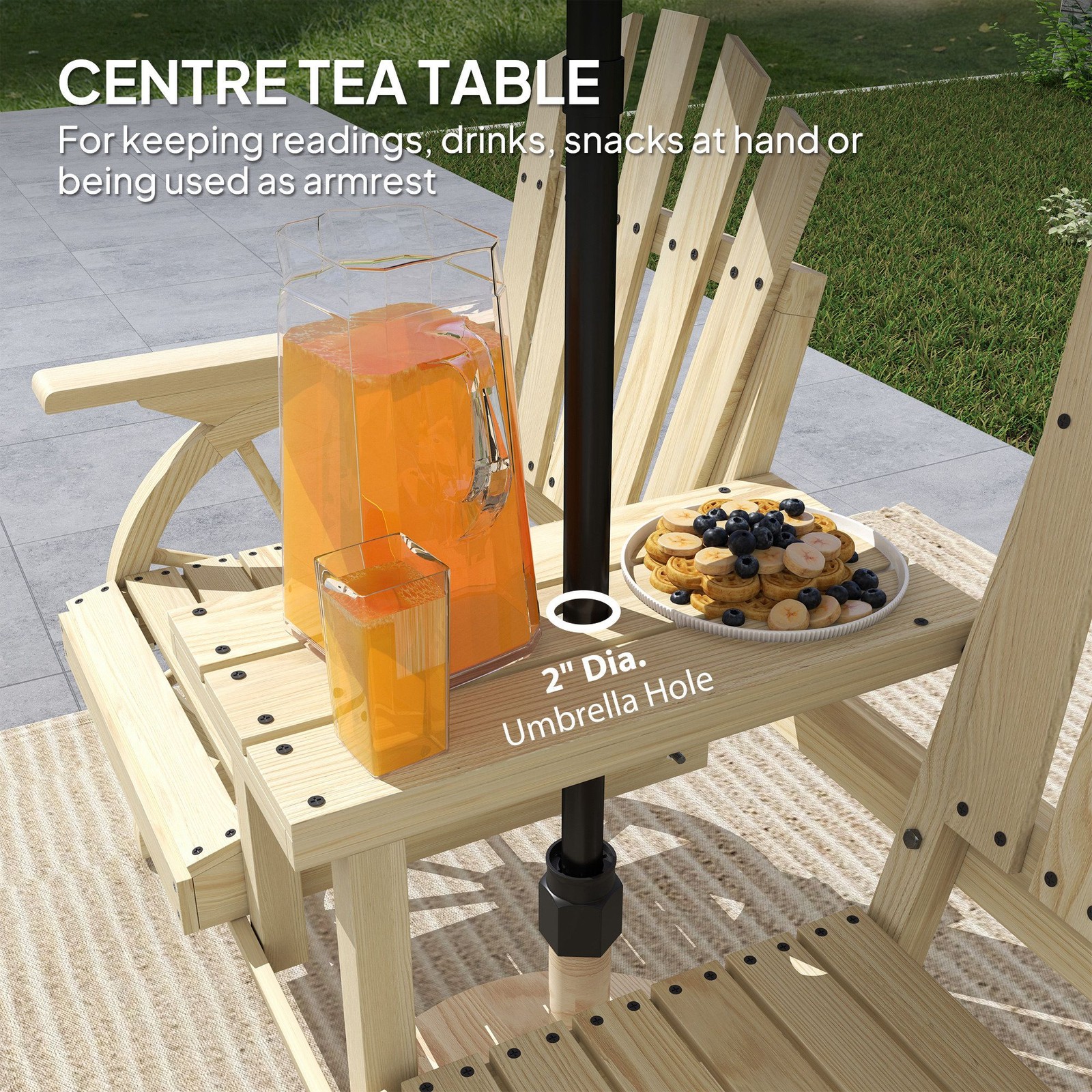 Outdoor Garden Bench: 2-Seat, Table, Umbrella Hole, Fir Wood