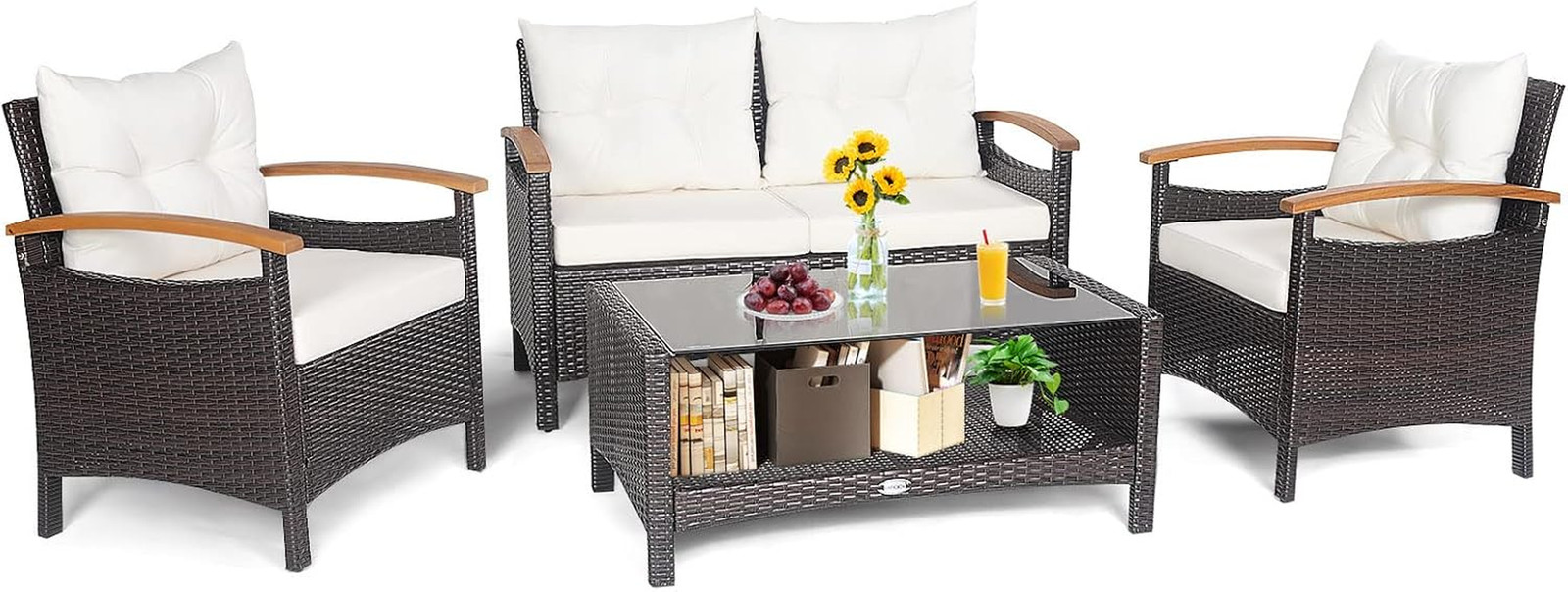 Elegant 4-Piece White Rattan Patio Set with Cushions & Coffee Table