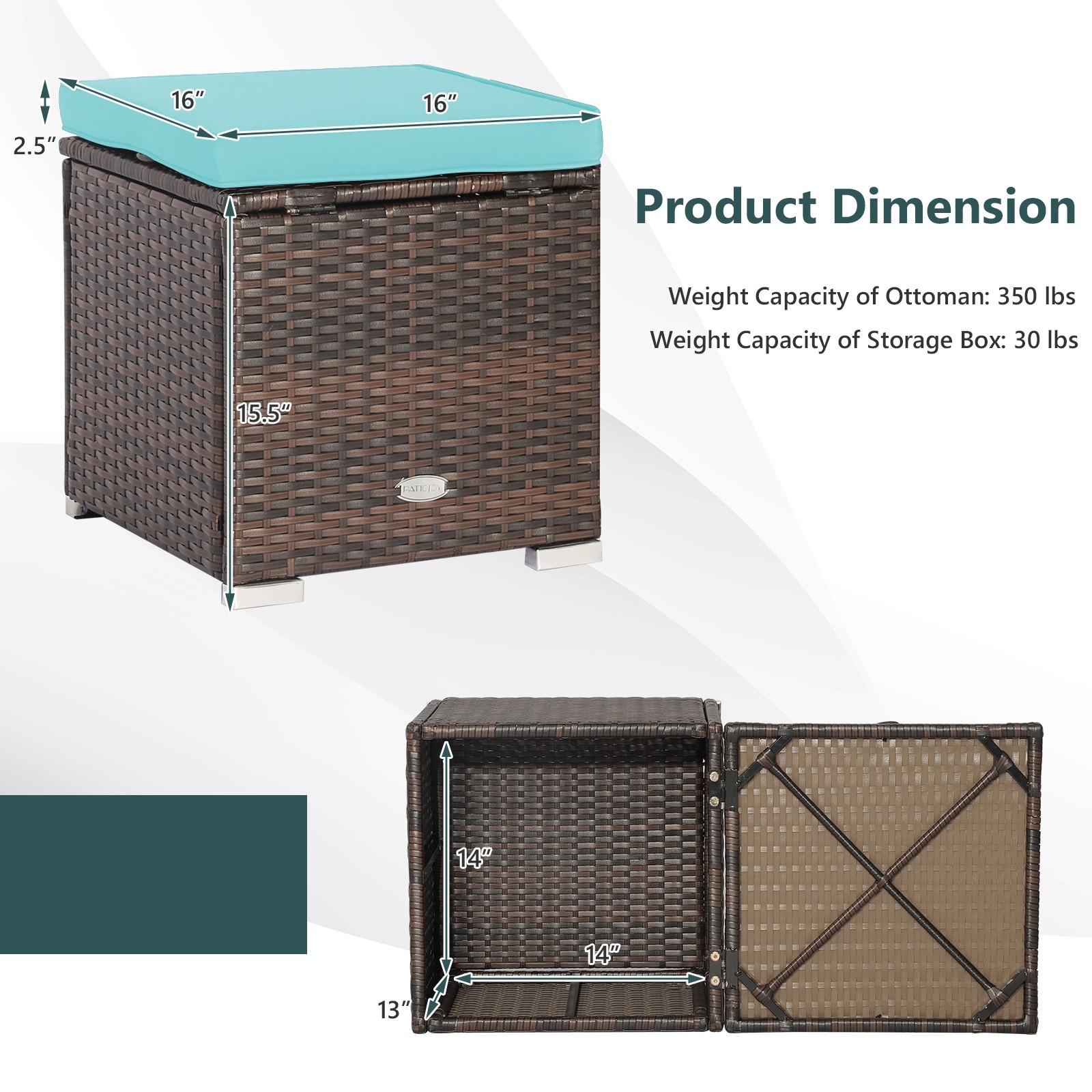 2PCS Patio Rattan Ottomans Seat Side Table Storage Box Footstool Turquoise