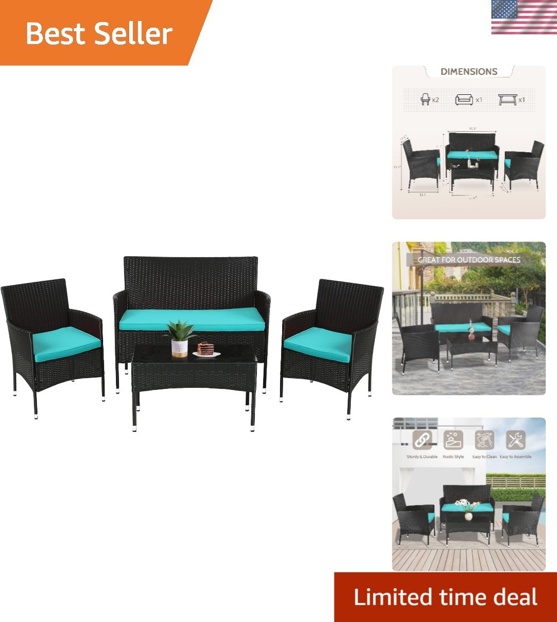 Elegant 4-Piece Wicker Patio Set with Blue Cushions & Glass Table for All Spaces