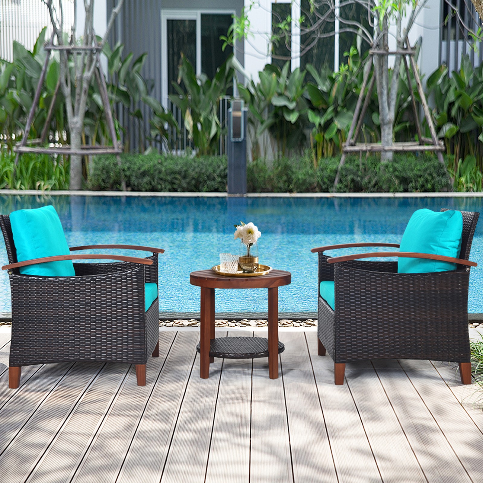 3PCS Patio Wicker Rattan Conversation Set Outdoor Furniture Set w/ Turquoise