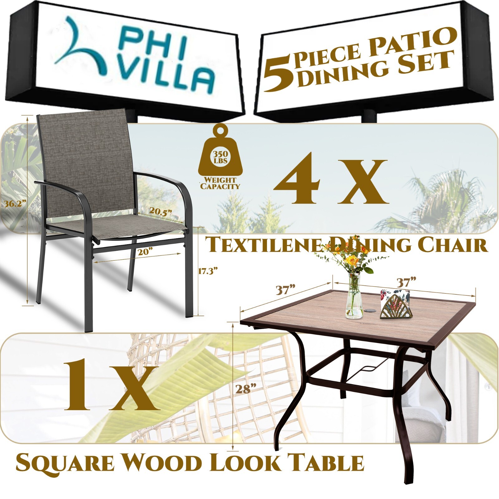 5 Piece Outdoor Patio Dining Set 37″ Square Table with Umbrella Hole 4 Chairs