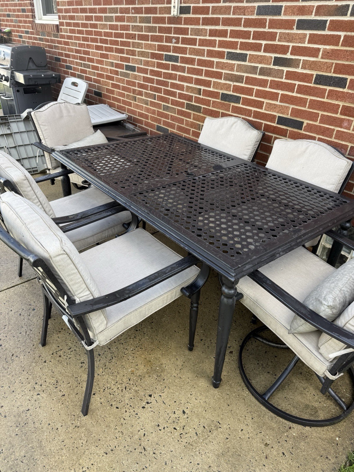Hampton Bay Metal Patio Dining Set Bronze Rectangular Table 6 Cushioned Chairs