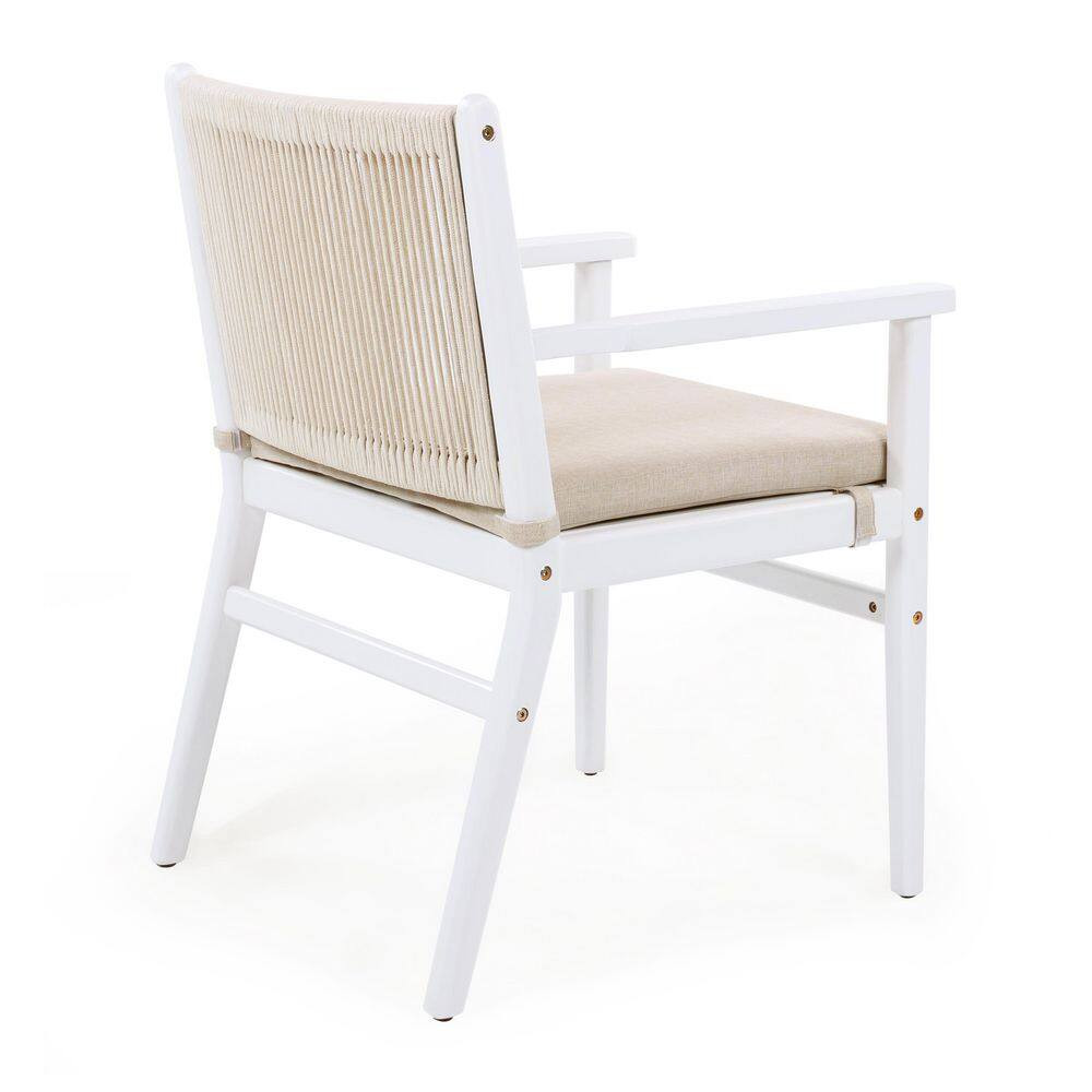 2-Piece Outdoor Dining Chairs Acacia Wood Patio Armchair with Rope and Cushion,