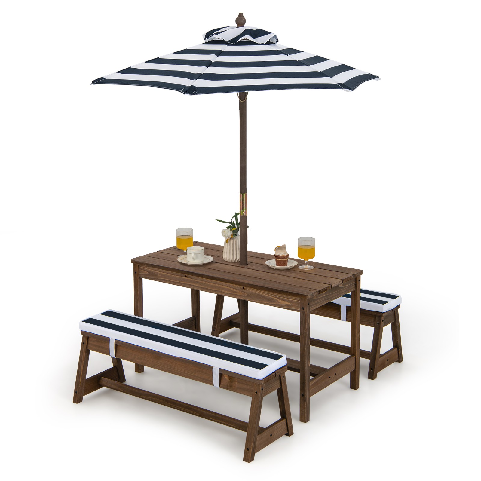 Kids Wood Picnic Table and Bench Set w/ Cushions Umbrella for Indoor Outdoor