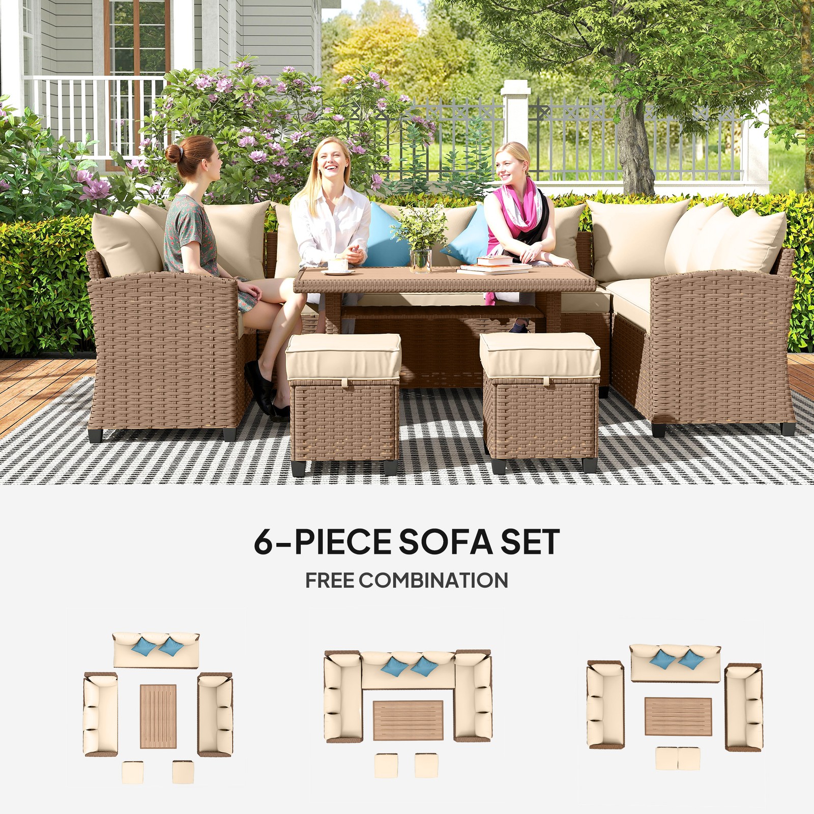 6 PCS Patio Wicker Conversation Sofa Set Outdoor PE Rattan Furniture w/ Cushion