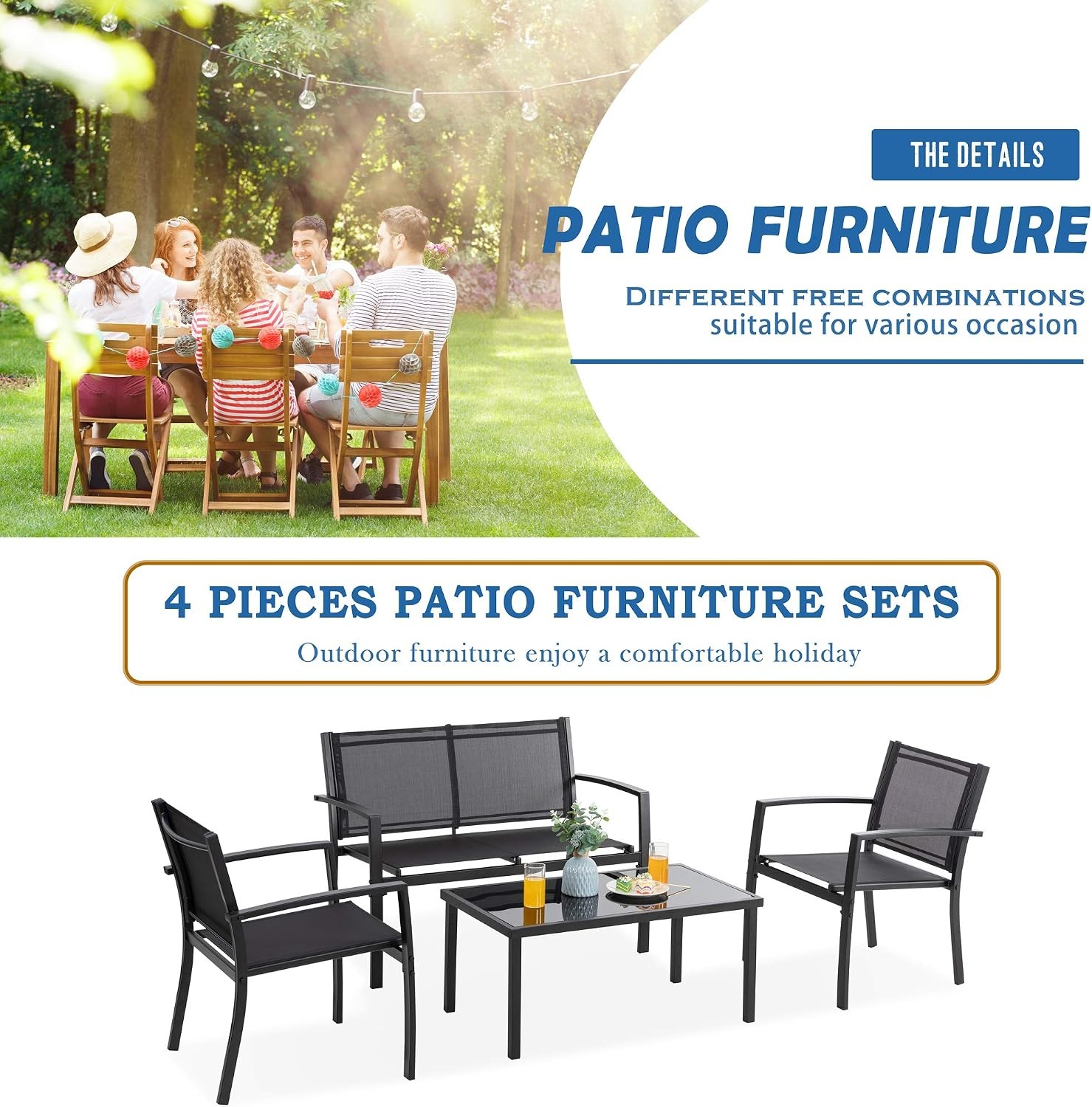 4 Pieces Patio Furniture Sets Outdoor Patio Conversation Sets with Glass Coffee