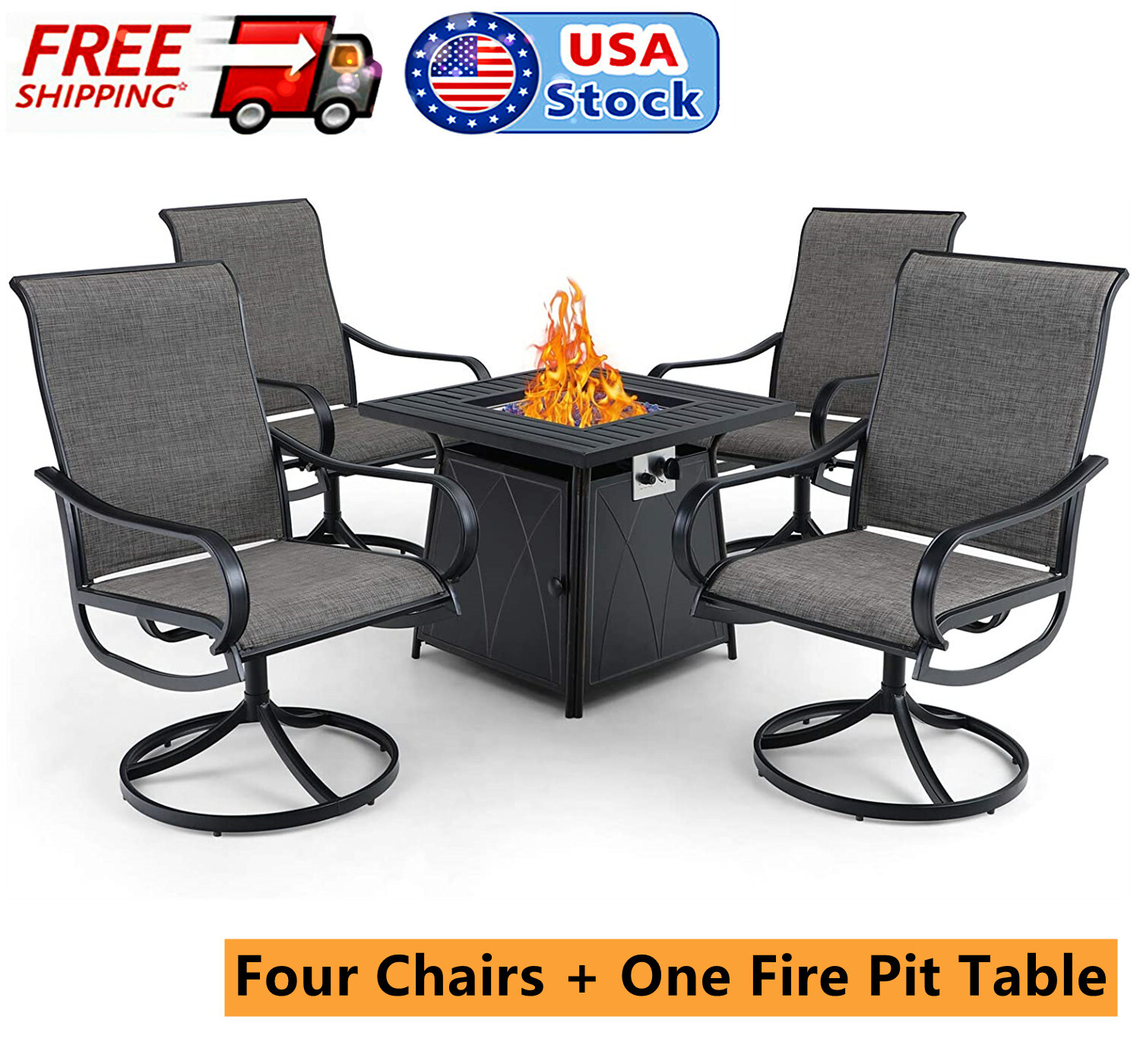 5 Piece Patio Furniture Set w/ Propane Gas Fire Pit 50000BTU Swivel Dining Chair