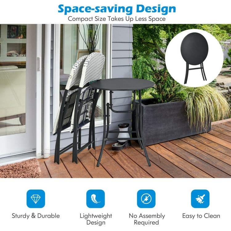 PE Rattan Bistro Set: 3-Pc, 23.5″ Round Table, 2x330lb Chairs, Steel Frame