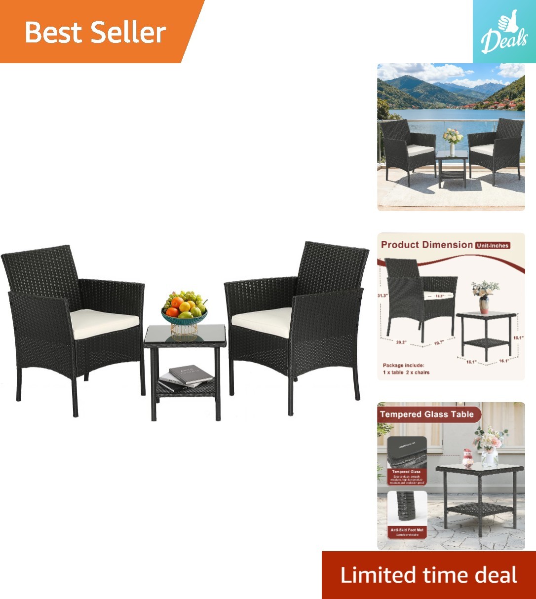 Modern Black and Beige Patio Chairs with Coffee Table – Indoor/Outdoor Use
