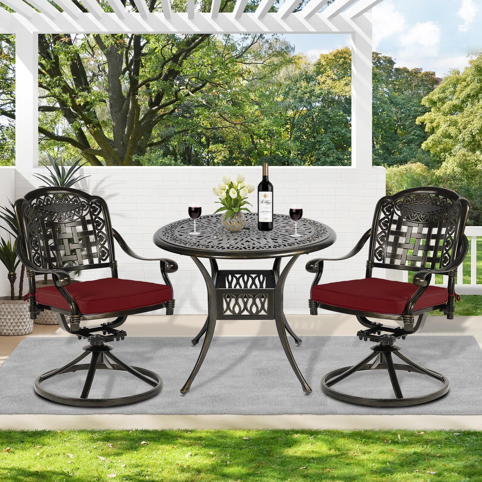 3PC Outdoor Patio Bistro Dining Set Cast Aluminum Round Table W/ 2 Swivel Chairs