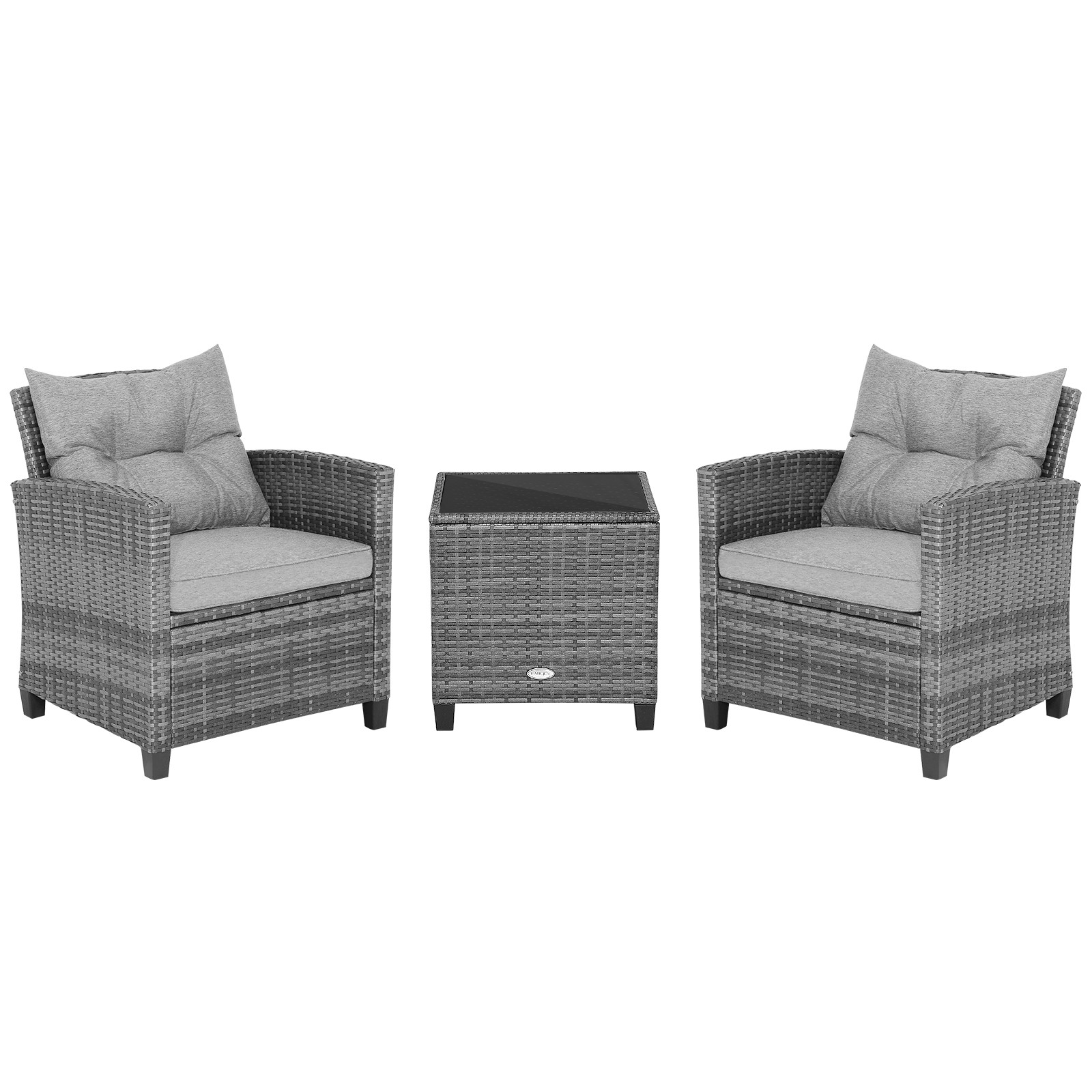 Patio 3PCS Rattan Furniture Bistro Set Cushioned Sofas Side Table Armrest Grey