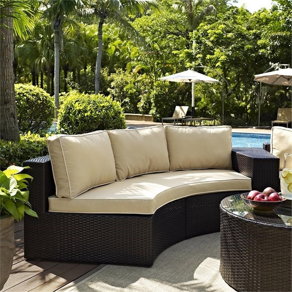 Pemberly Row Wicker Patio Round Sectional Sofa with Sand Cushions