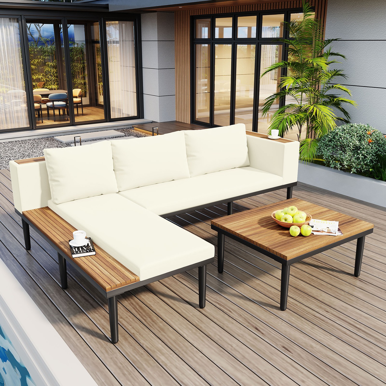 Acacia Wood Outdoor Sectional Sofa Set with Cushions Coffee Table