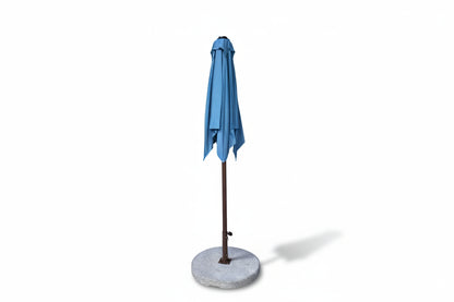 Blue patio umbrella on a stand with a white background